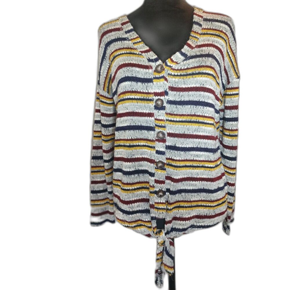 All In Favo Sz M Striped Cropped Sweater Buttons Tie Long Sleeve Made USA Soft